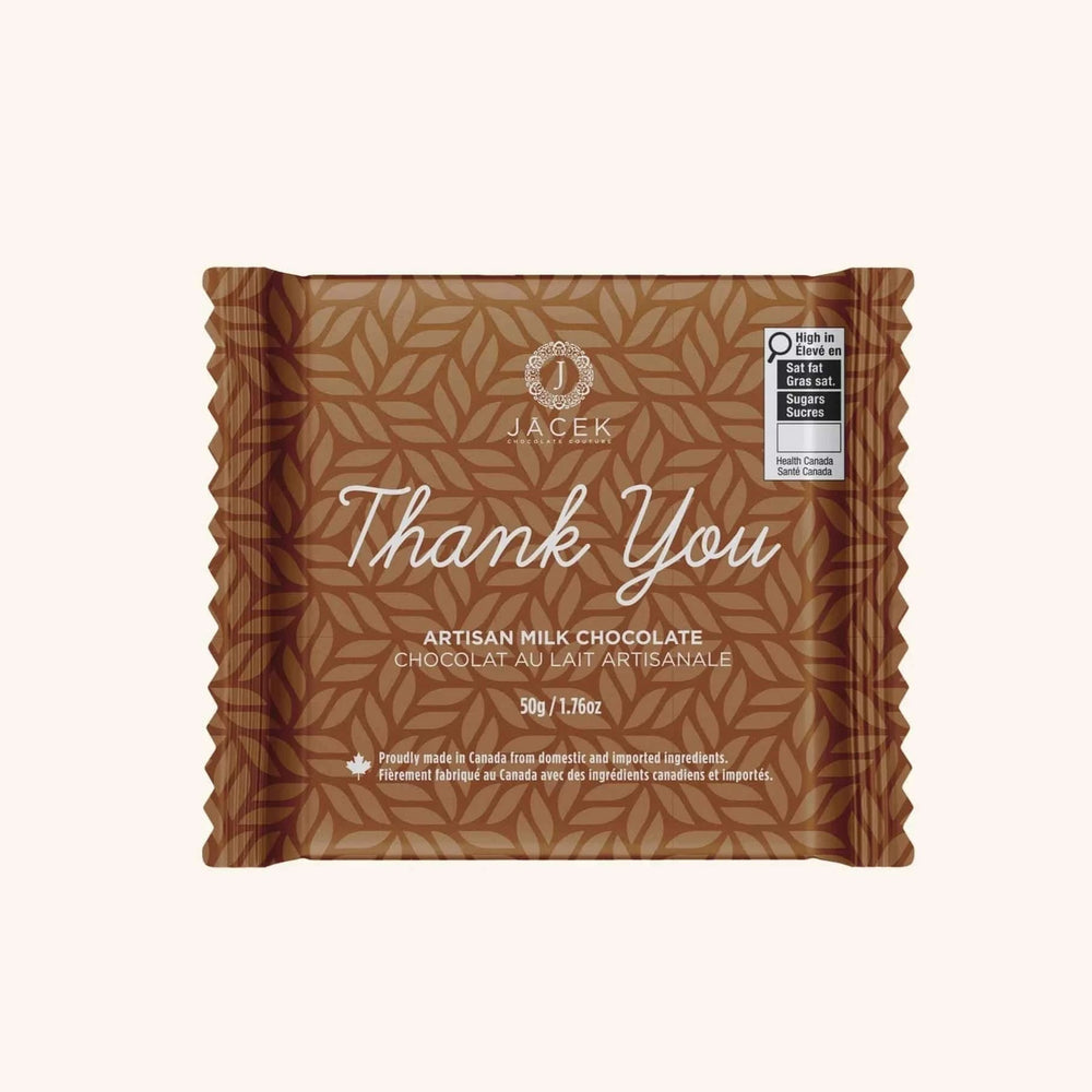 JACEK Thank You Chocolate Bar in elegant packaging, Belgian milk chocolate with a smooth, creamy texture for gifting or appreciation.