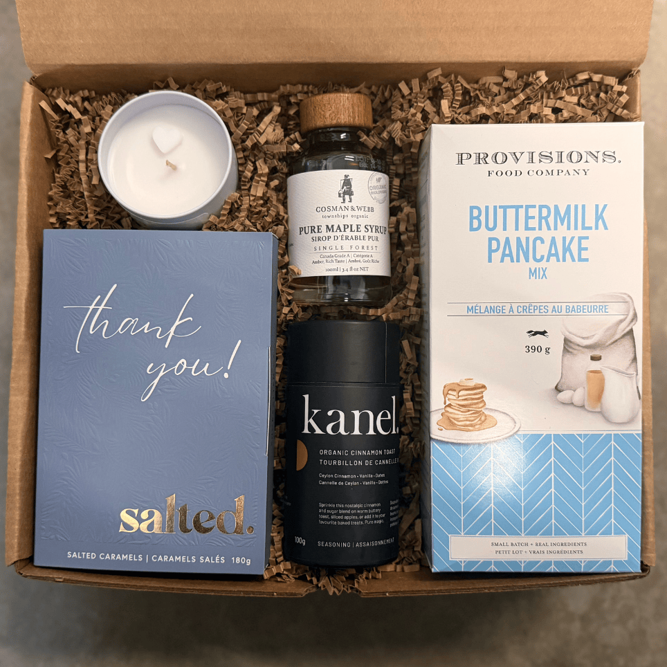 A Saturday Brunch Gift Box by Gift Smack Gift Company, featuring assorted brunch items arranged in a decorative box.
