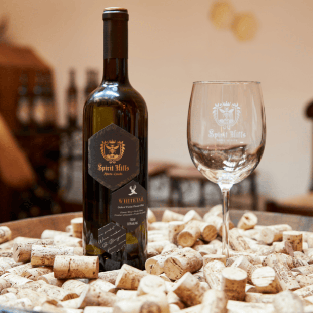Wine bottle and glass on a table with wine corks, blurred background
