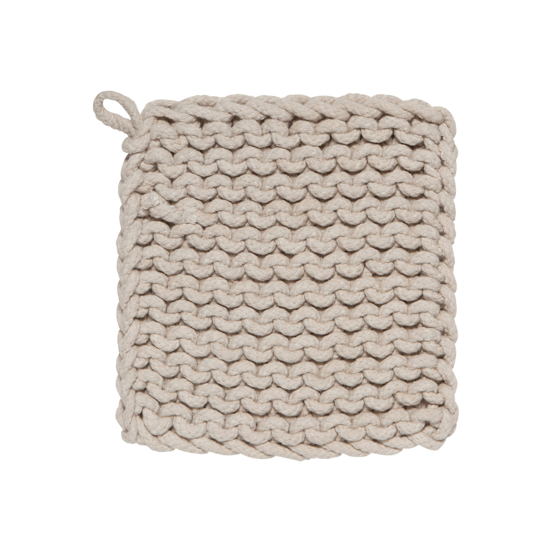Dove gray knit pot holder from Danica Brands, soft textured kitchen accessory with quilted pattern for safe handling of hot cookware.