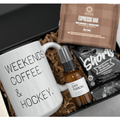 Weekends Coffee Hockey Gift Box by Box Builder, featuring a curated selection of coffee and hockey-themed items in a stylish gift box.