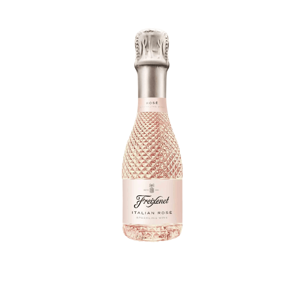 Miniature champagne bottle with decorative packaging on a white background
