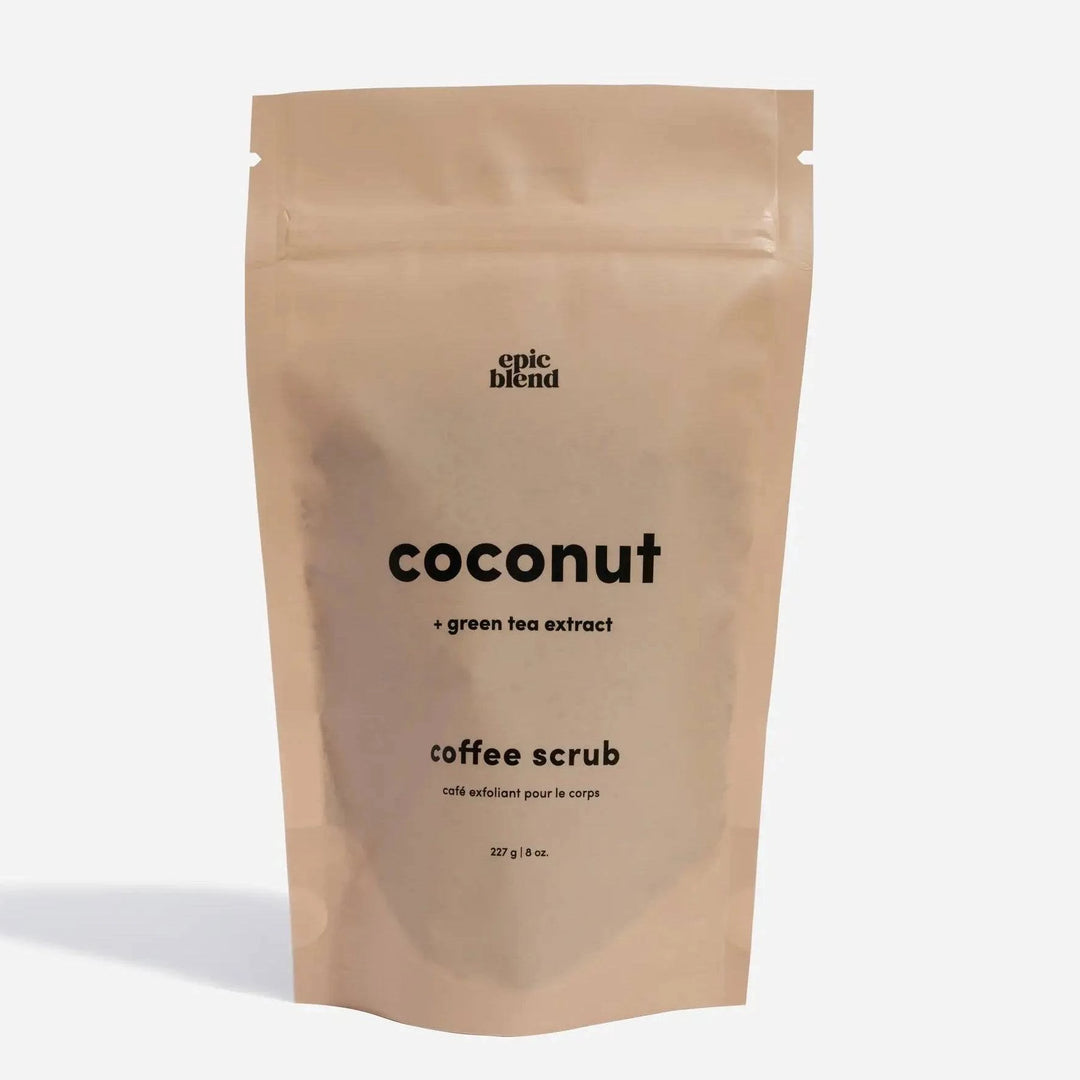 Kraft paper packaging of coconut coffee scrub with 'epic blend' branding on a white background