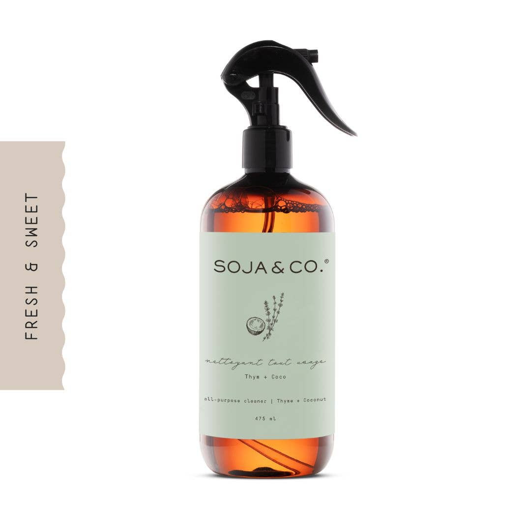 SOJA&CO.® All Purpose Cleaner with thyme and coconut in a 475ml bottle, showing the cleaner's packaging with fresh herbs and coconut images.