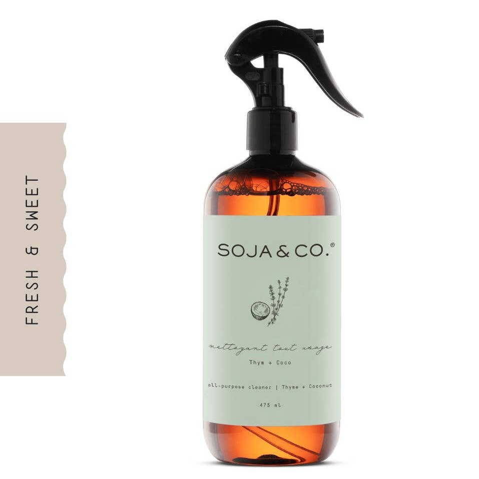 SOJA&CO.® All Purpose Cleaner with thyme and coconut in 475ml bottle, showing the cleaner on a clean surface.