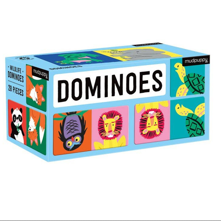 Box of Mudpuppy wildlife dominoes with colorful animal illustrations on a white background