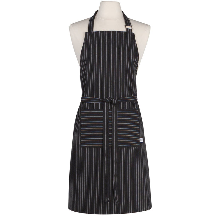 Black pinstripe apron on a mannequin against a white background