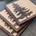 Pine Tree Inlay Wood Coaster by Foxwood Gifts Canada featuring a detailed pine tree design, made from natural wood.