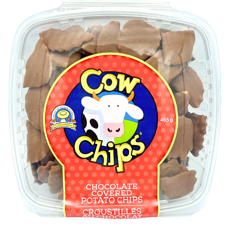 A clear plastic clamshell package of Cow Chips chocolate covered potato chips, showing the brown chips inside with a red, yellow, and blue cow logo label on the front.