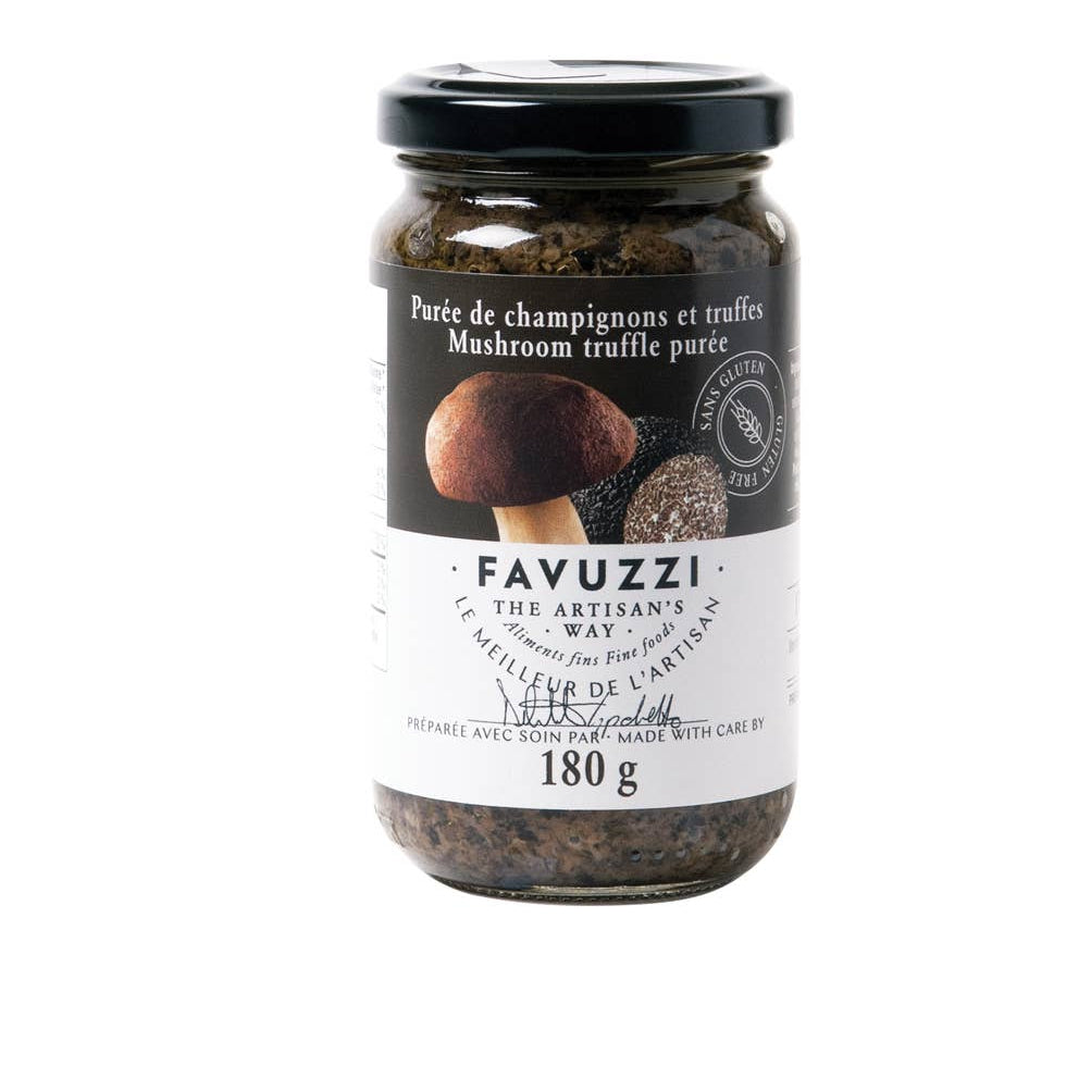 Jar of Favuzzi mushroom truffle puree on a white background
