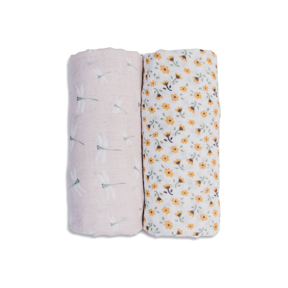 2-Pack Cotton Swaddle Blankets – Vintage Floral / Dragonfly - Gift Smack Gift Company