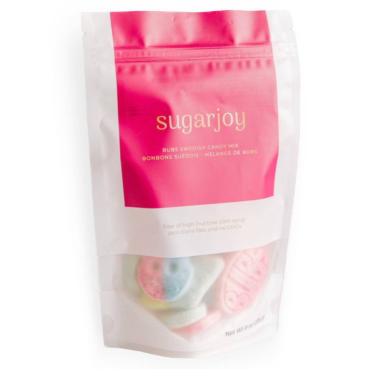 Bag of sugarjoy bubblegum candy on a white background