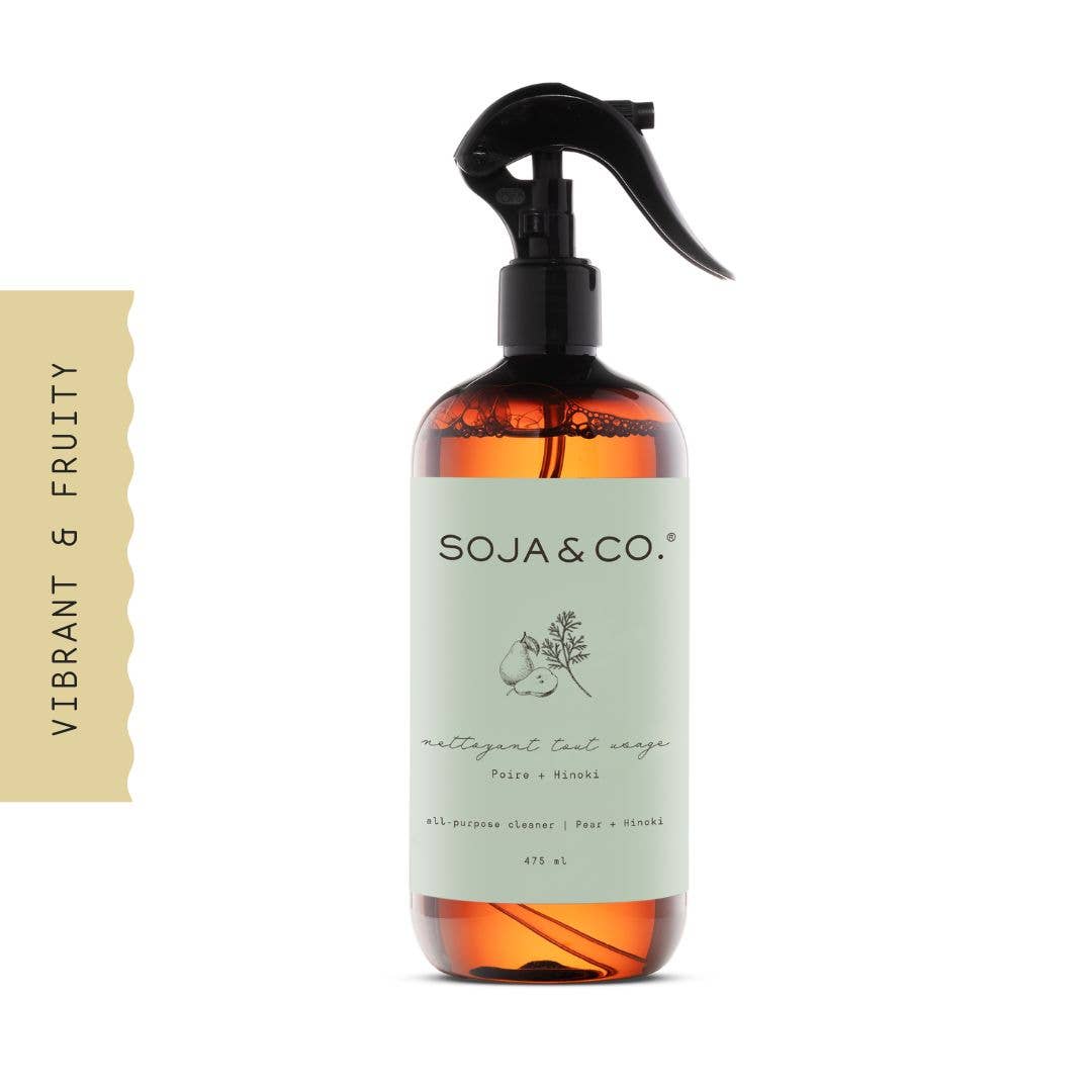 All purpose cleaner with pear and hinoki scent from SOJA&CO® in a 475ml bottle, featuring a clear liquid with a minimalist label.