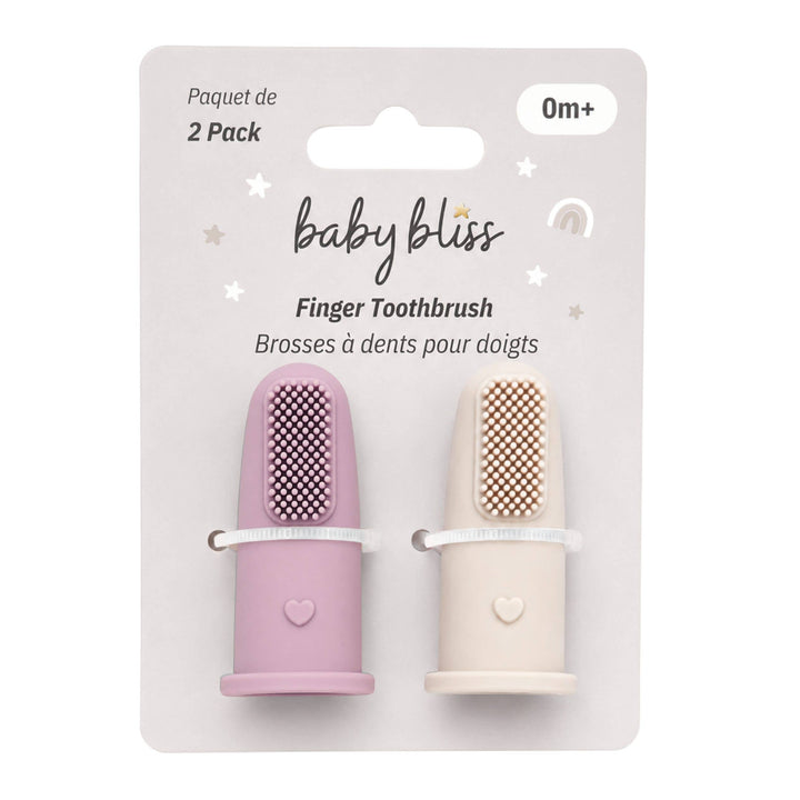A 2-pack of Baby Bliss finger toothbrushes in pastel pink and cream, mounted on a white cardboard hanger card with product text and age marking &