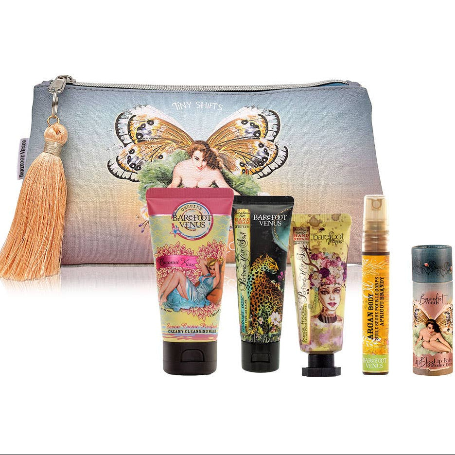 Set of cosmetic products with a decorative pouch featuring butterfly and angel design.