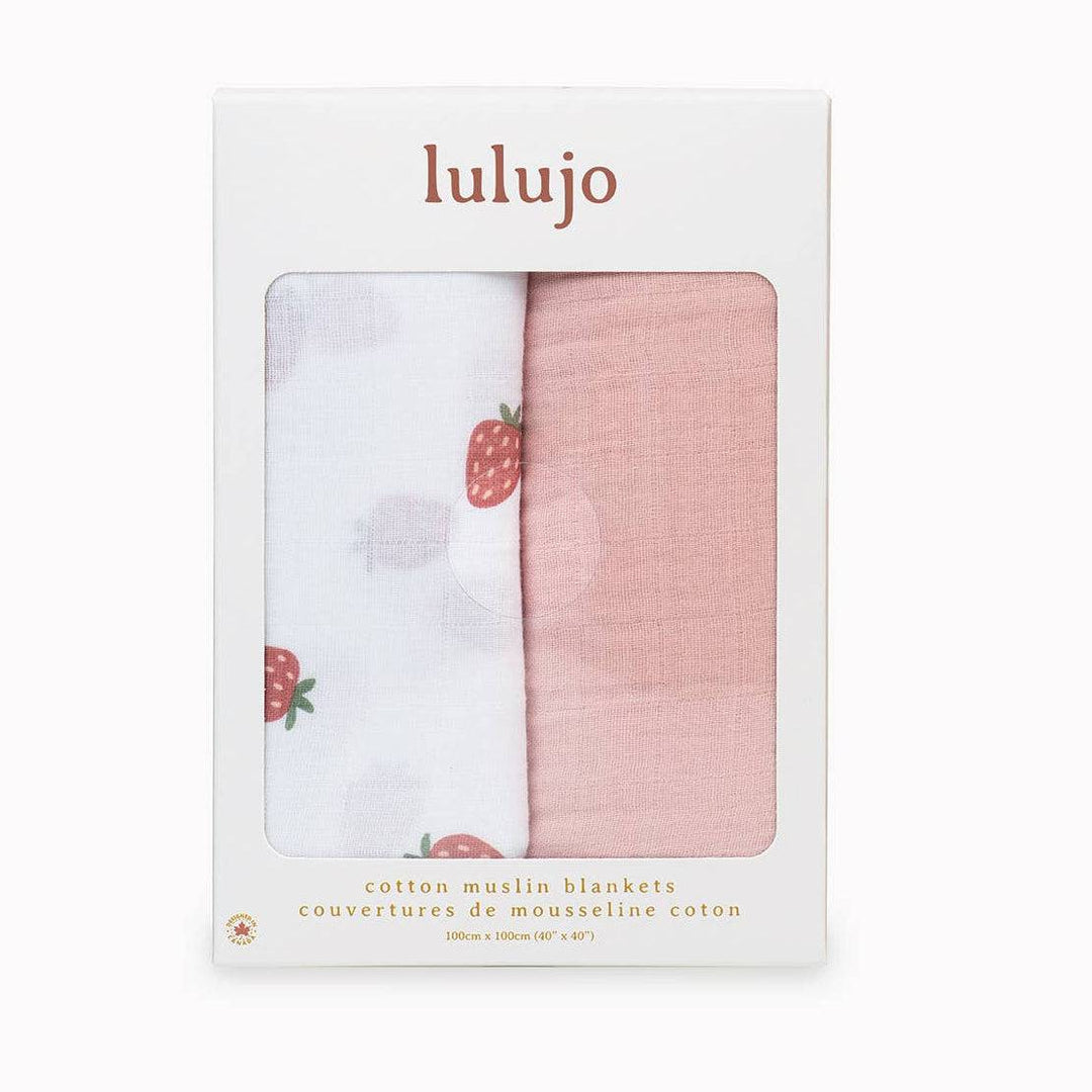 Lulujo cotton muslin blankets in packaging with strawberry design
