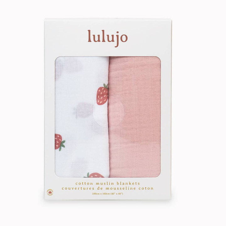 Lulujo cotton muslin blankets in packaging with strawberry design