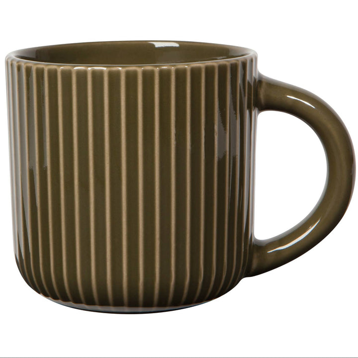 Brown ceramic mug with vertical stripes on a white background