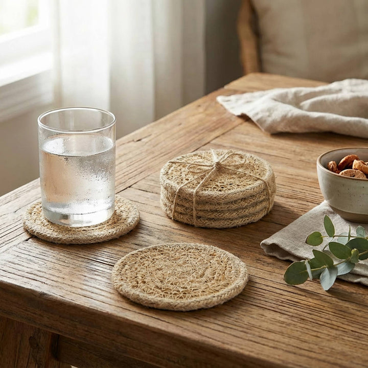 Lot de 4 sous-verres ronds en jonc de mer et jute (Naturel) : Naturel