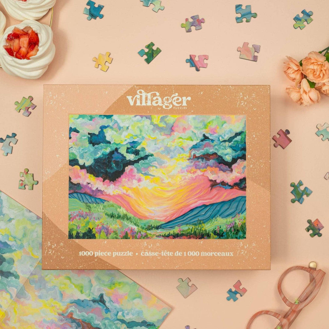 Villager Puzzles Daybreak 1000-piece puzzle featuring a scenic sunrise design, crafted in Ontario Canada.
