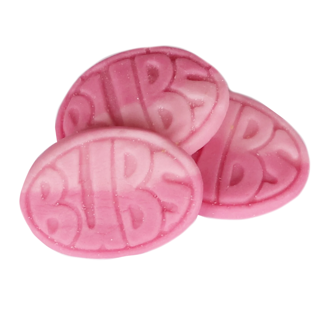 Pink oval candies with &