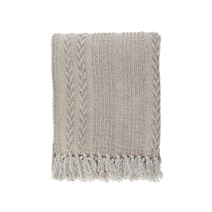 Beige Braided Cotton Throw With Fringe Blanket