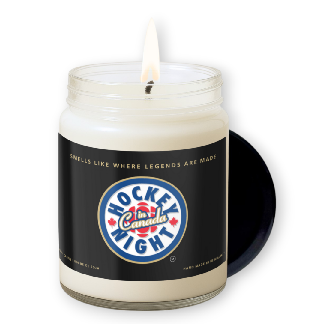 Candle in a jar with a 'Hockey Night in Canada' label on a white background