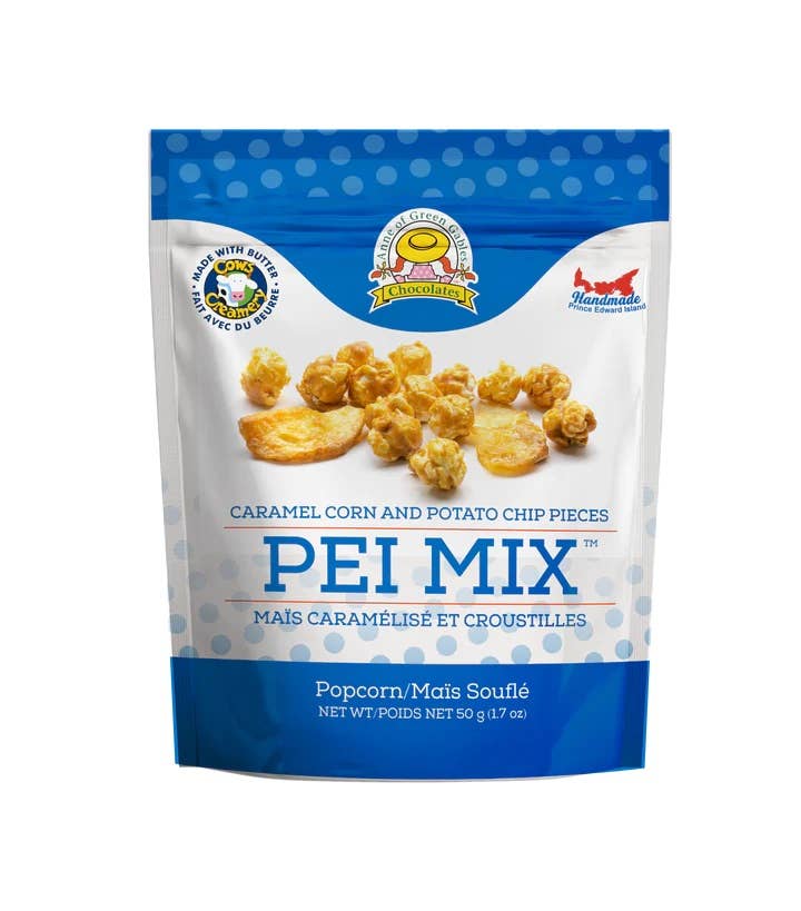 A 50g stand-up pouch of Pei Mix Caramel Corn and Potato Chip Pieces, featuring a blue and white design with illustrations of golden popcorn and potato chips.