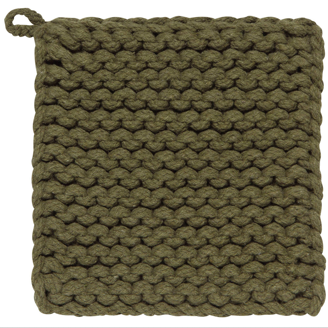 Green knitted pot holder on a white background