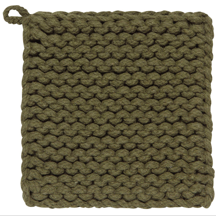 Green knitted pot holder on a white background