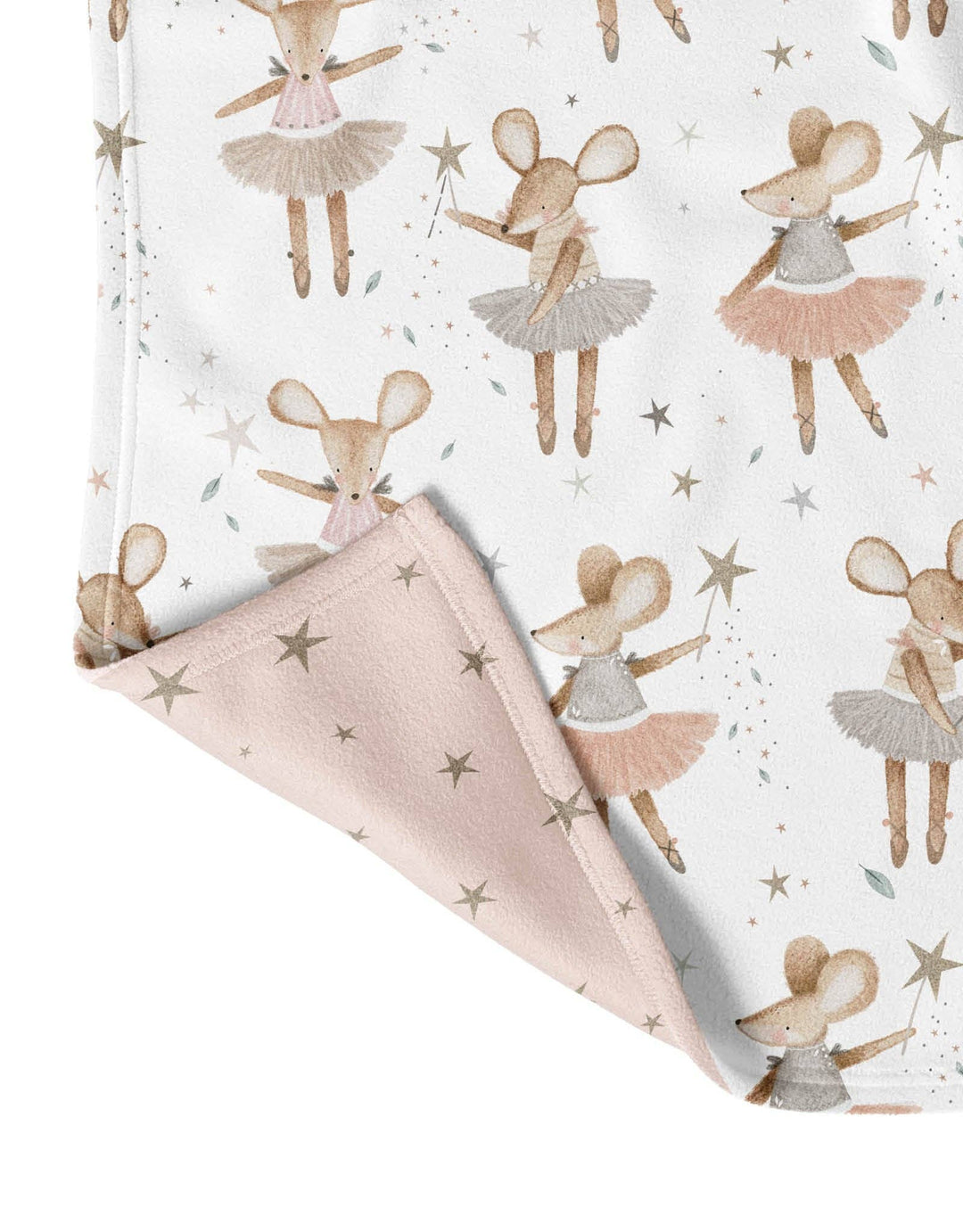 Fabric with ballerina mouse design and a folded pink fabric strip on a white background