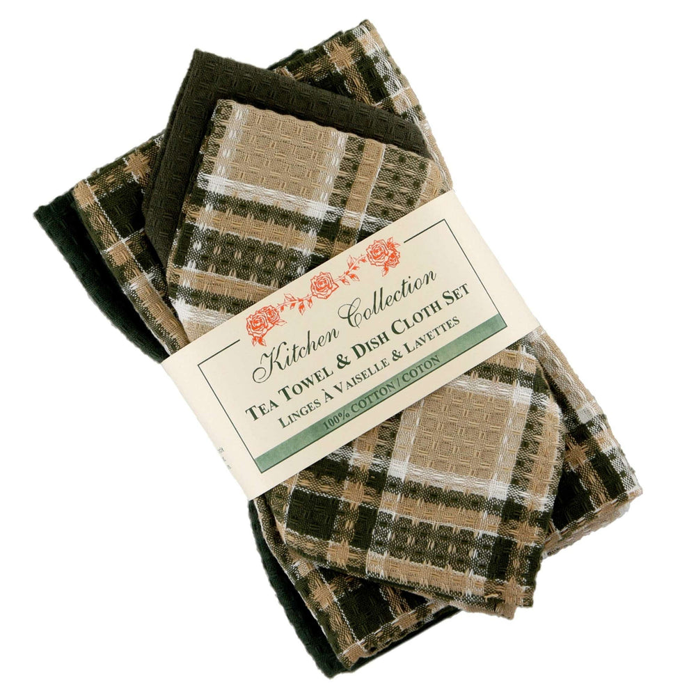 Set of plaid tea towels and dish cloths with a label on a white background