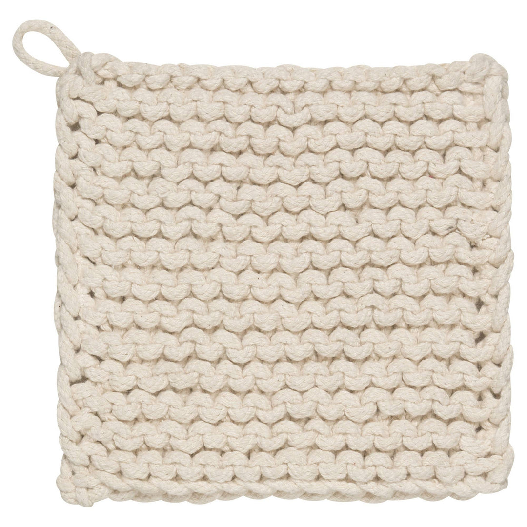 Beige woven pot holder on a white background