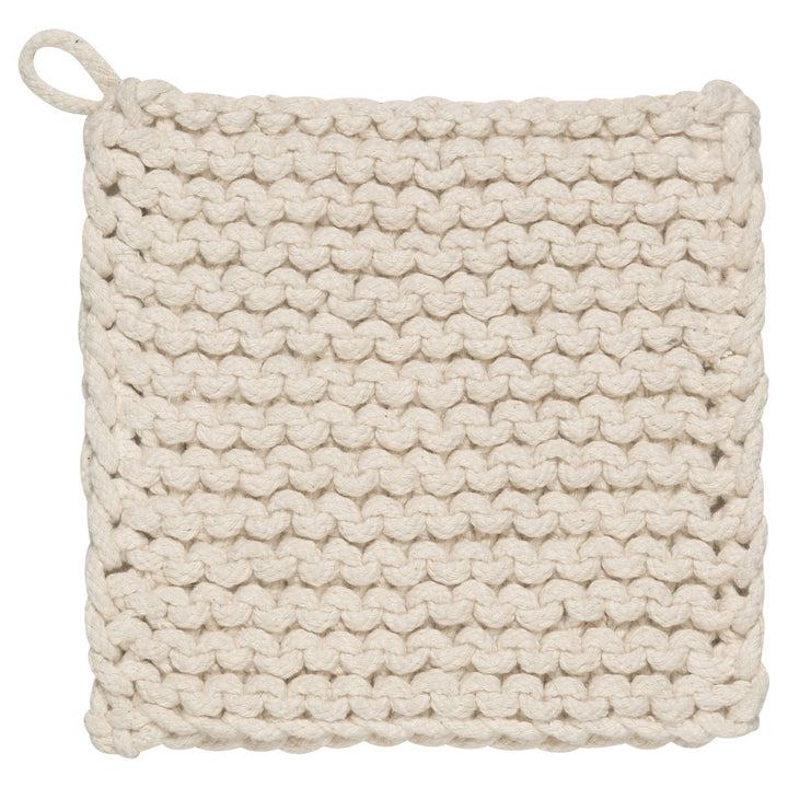 Beige woven pot holder on a white background