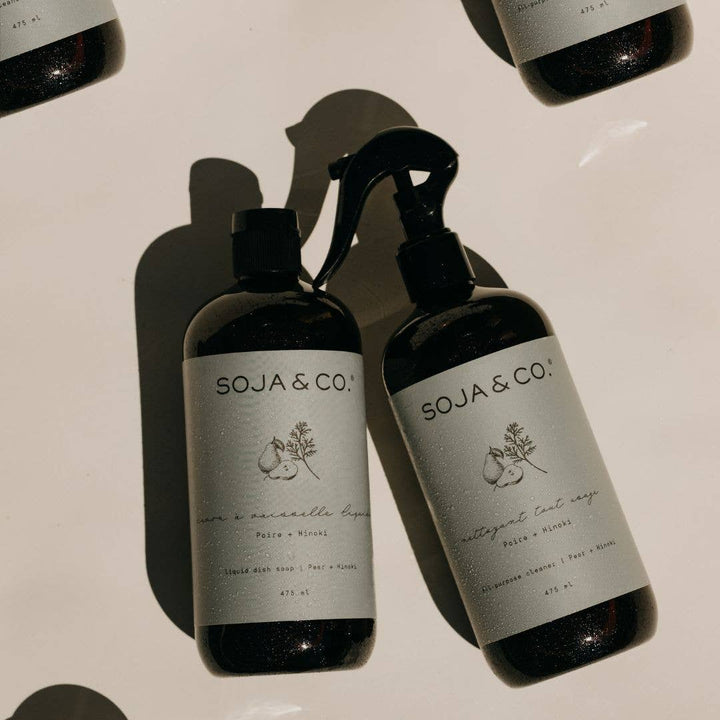 SOJA&amp;CO.® Pear + Hinoki all purpose cleaner in 475ml bottle, showing the clean spray nozzle and product label.
