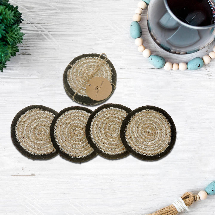 4 Pc Round Black Line Braided Coaster: Multi