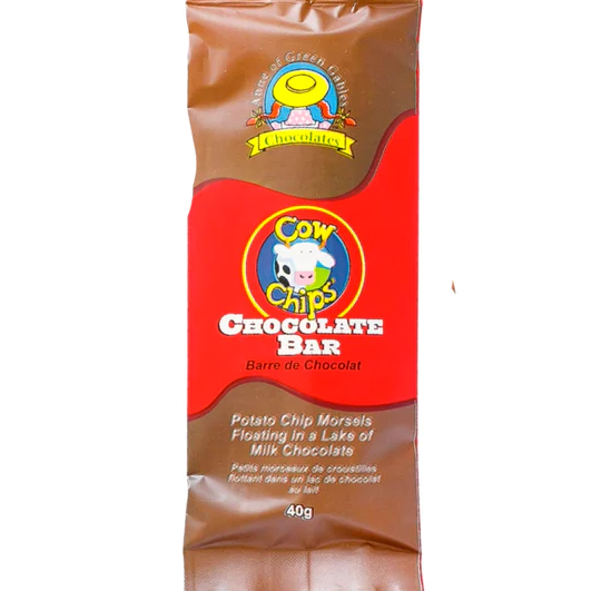 A 40g package of Cow Chips Chocolate Bar, featuring a brown and red wrapper with the brand logo and product name on a plain white background.