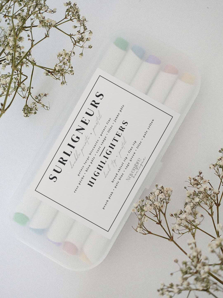 Set of highlighters in a clear case with a floral background