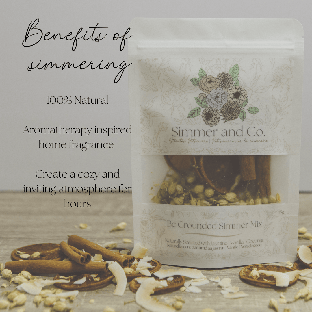 Simmer &amp; Co Be Grounded natural aroma simmer pot mix in a jar, home goods product with dried herbs and spices for aromatic cooking.