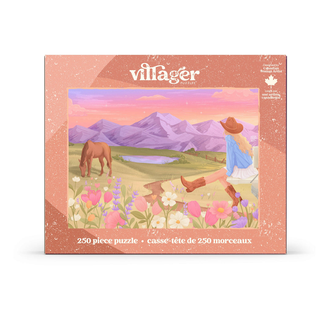 Villager Puzzles Rockies Meadow 250-piece puzzle featuring a scenic mountain landscape designed in Canada.