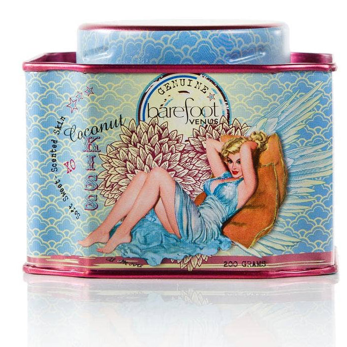 Vintage-style product tin with decorative design and text on a white background
