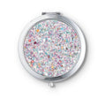 Silver Rainbow Glitter Compact Mirror with shimmering rainbow design, stylish accessory for on-the-go reflection.