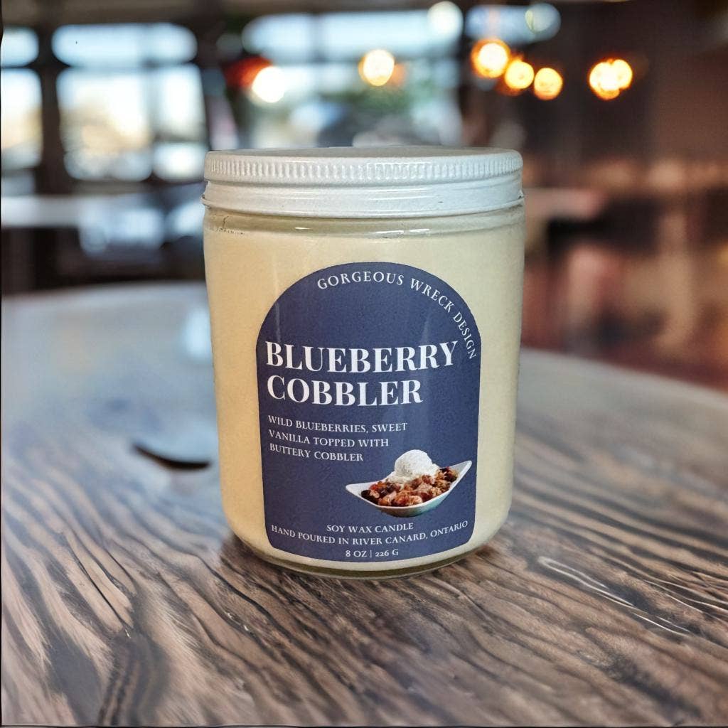 Blueberry Cobbler Candle by Gorgeous Wreck Design, featuring a cozy candle with blueberry and dessert-inspired scent.