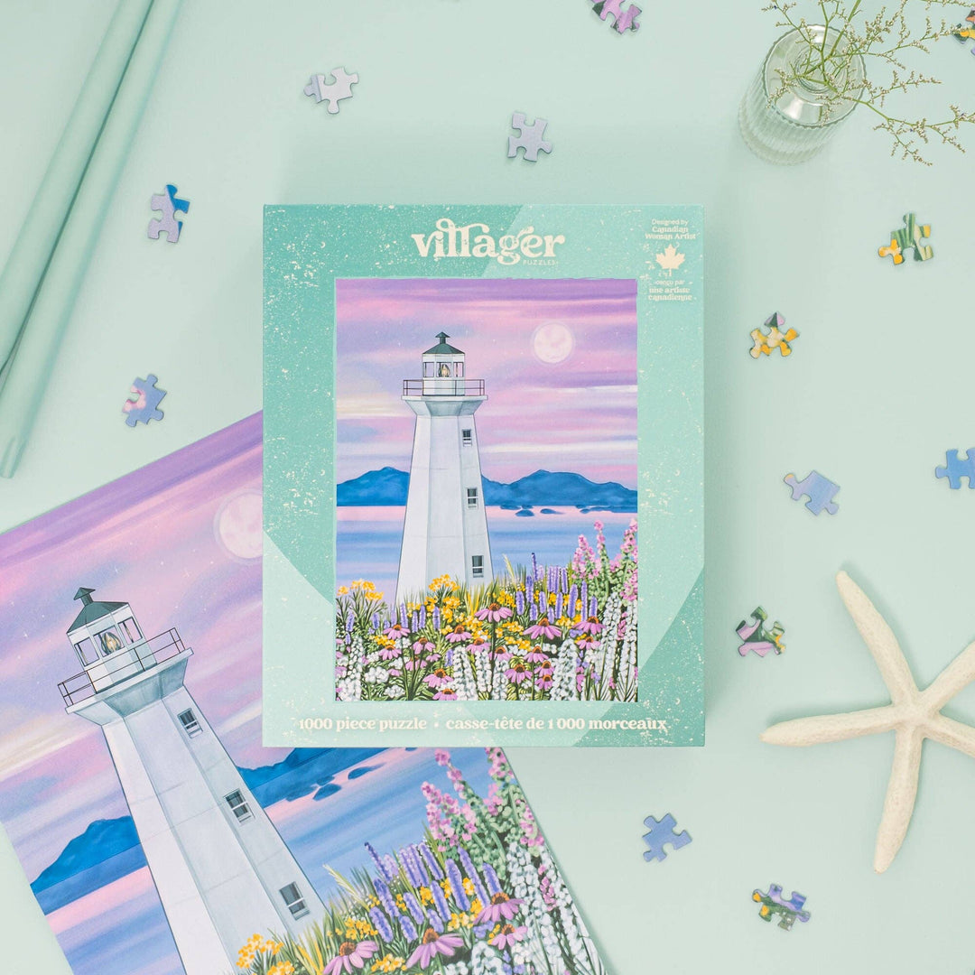 Villager puzzle box with lighthouse design on a light blue background with puzzle pieces.