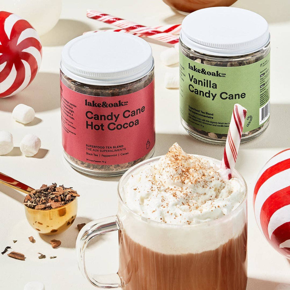 Lake & Oak Tea Co. Candy Cane Hot Cocoa tea in a glass jar, showcasing loose-leaf tea for 24 cups of festive hot chocolate flavor.