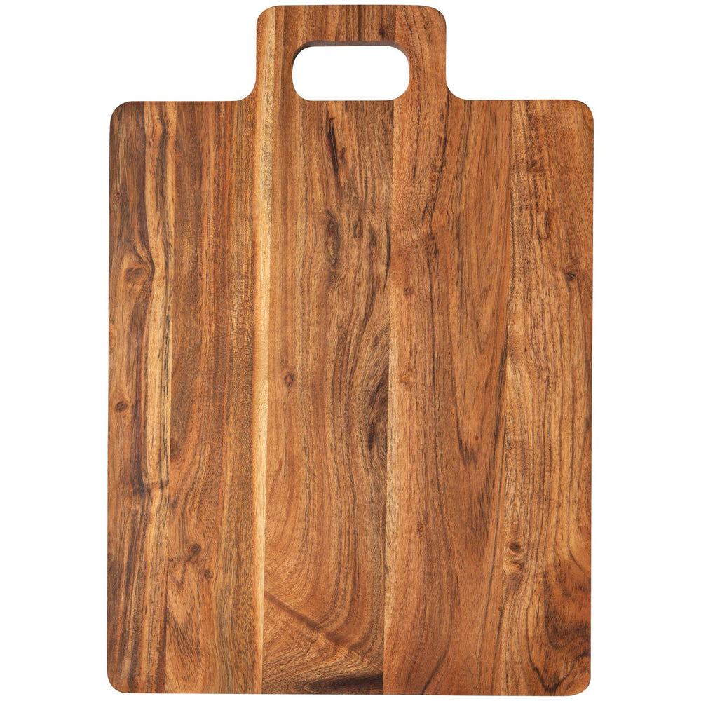Wooden cutting board with handle on a white background