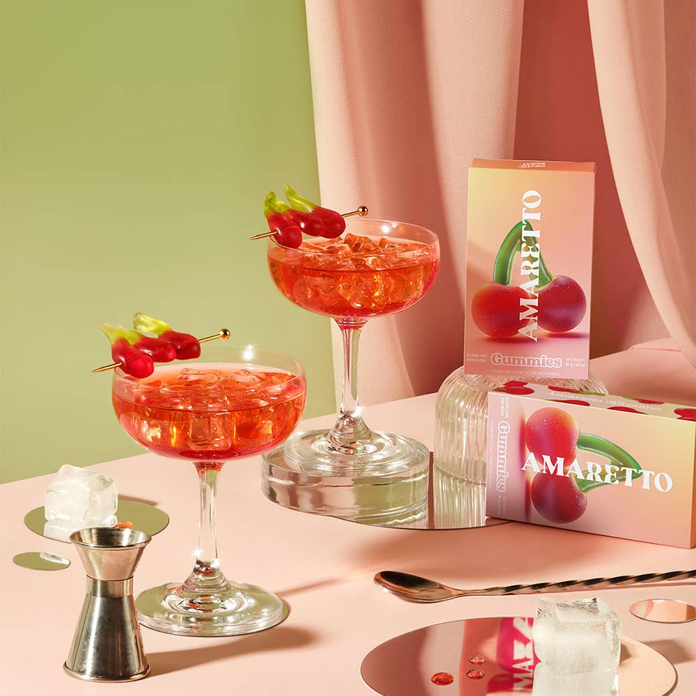 Amaretto Cherry Gummies, Chewy Candies, Alcohol-Free
