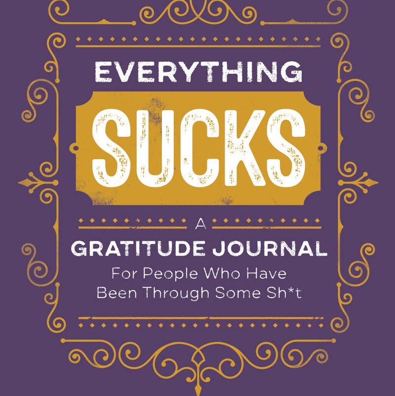 Gratitude journal cover with decorative text on a purple background