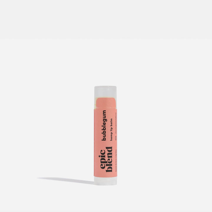Epic Blend bubblegum lip balm tube showing bright pink packaging and smooth lip balm inside.