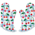 Pair of oven mitts with cherry pattern on a white background